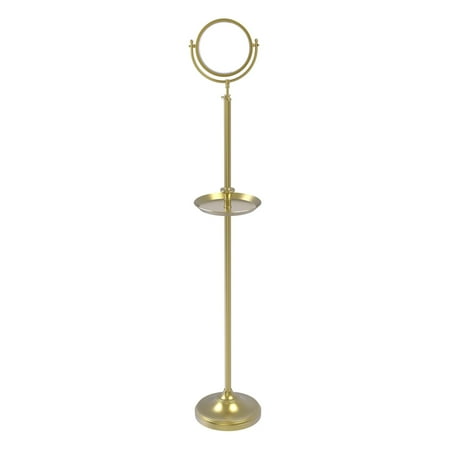 Floor Standing Make-Up Mirror 8-in Diameter with 4X Magnification and Shaving Tray in Satin Brass
