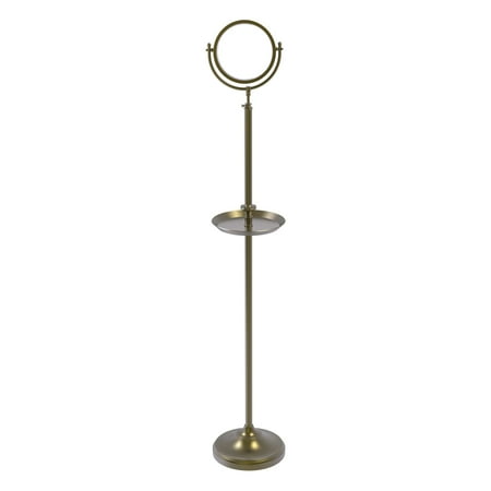 Floor Standing Make-Up Mirror 8-in Diameter with 5X Magnification and Shaving Tray in Antique Brass