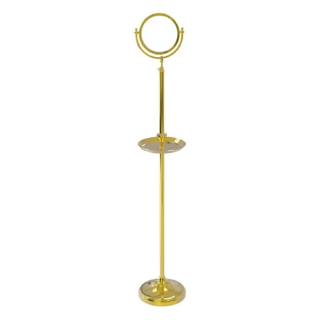 Floor Standing Make-Up Mirror 8-in Diameter with 5X Magnification and Shaving Tray in Polished Brass
