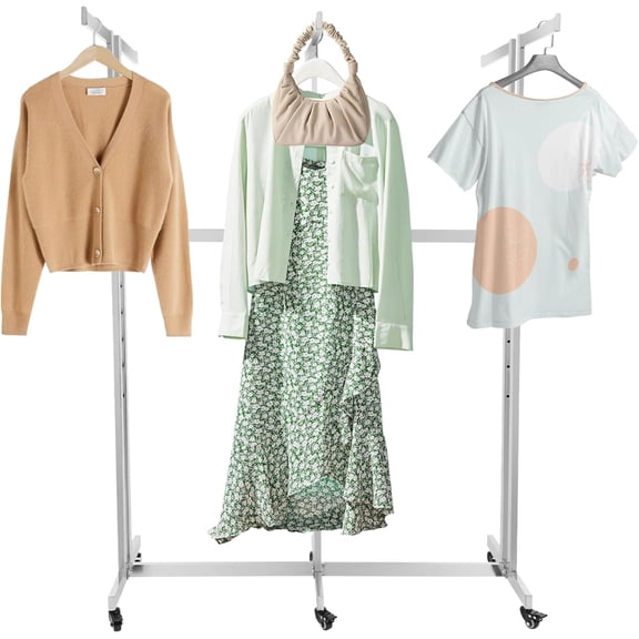 Floor Standing Metal Garment Rack, 6 Arms Clothing Display Rack Heavy Retail Display Racks With Wheels, 3.94 to 5.18Ft Adjustable Height Retail Clothing Rack for Hanging Clothes Heavy Duty (Silver)