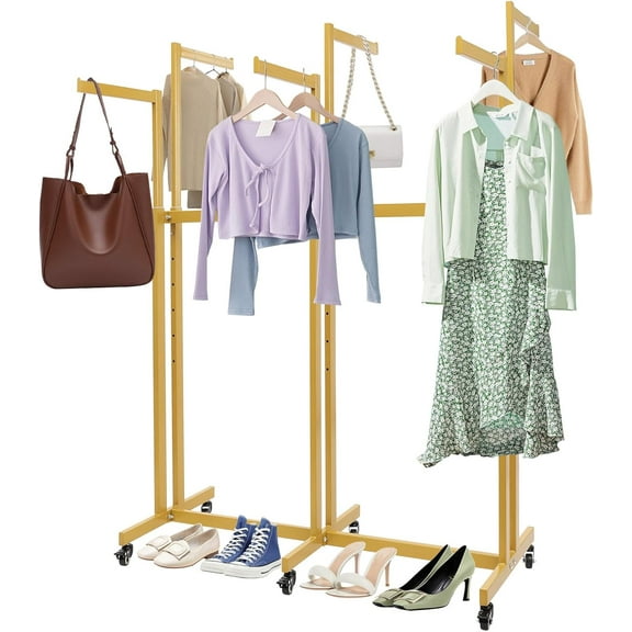 Floor Standing Metal Garment Rack, 6 Arms Clothing Display Rack Heavy Retail Display Racks With Wheels, 3.94 to 5.18Ft Adjustable Height Retail Clothing Rack for Hanging Clothes Heavy Duty (Gold)