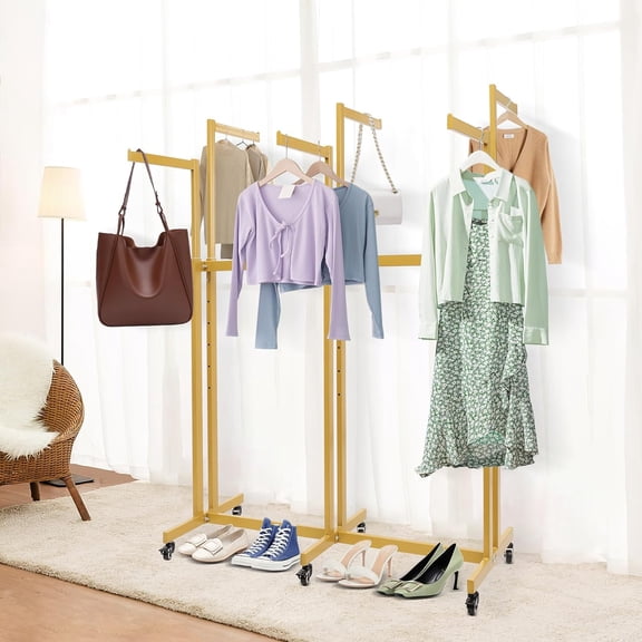 Floor Standing Metal Garment Rack Heavy Retail Display Racks With Wheels 6 Arms Clothing Rack Square Tubing Portable Shirt Rack Merchandise Display Rack For Hanging Clothes  Home (Gold)