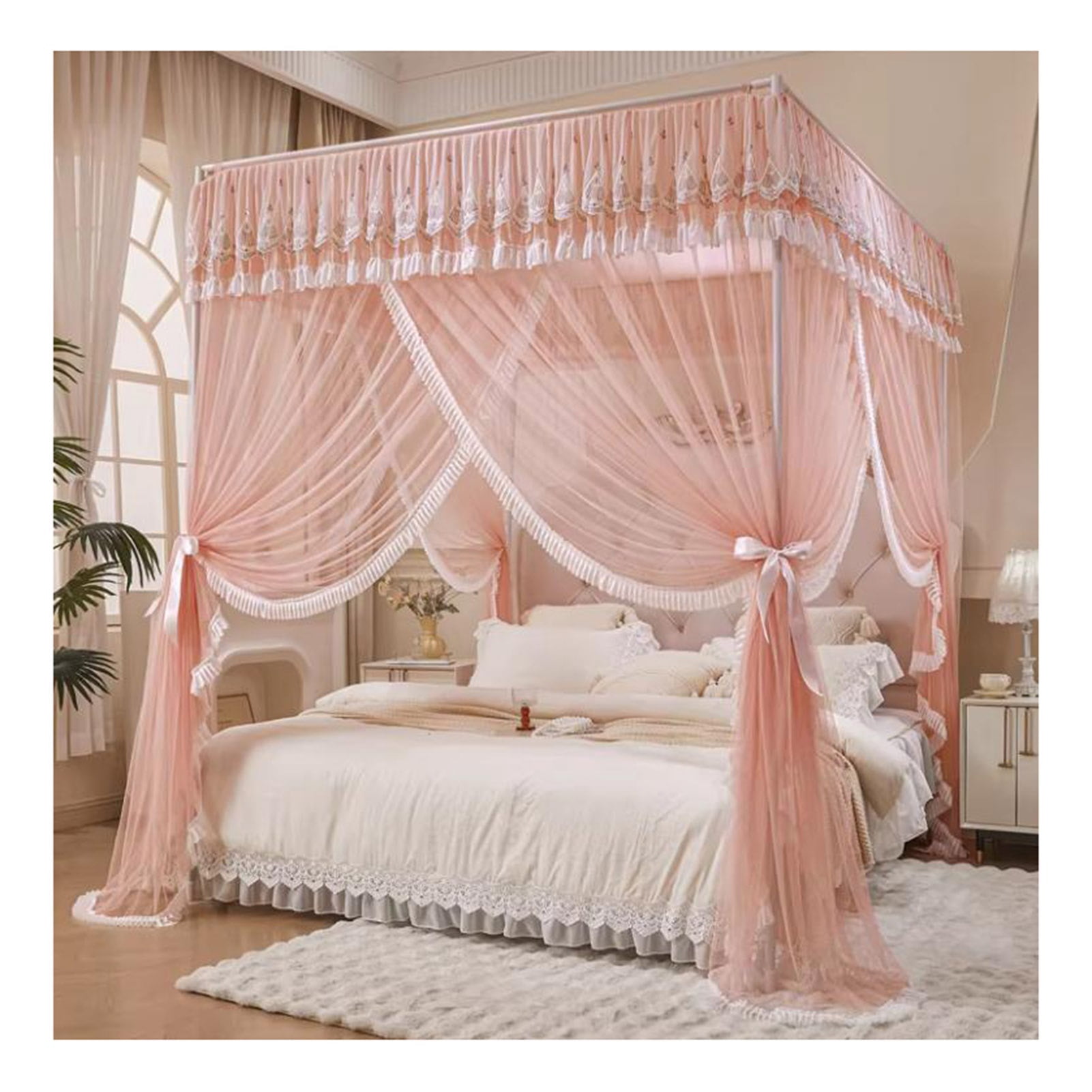 Floor Standing Mosquito Net Bed Canopy,4 Corner Post Three-Door Bed Canopy, Cozy Breathable for Girls Adults Bedroom Decoration
