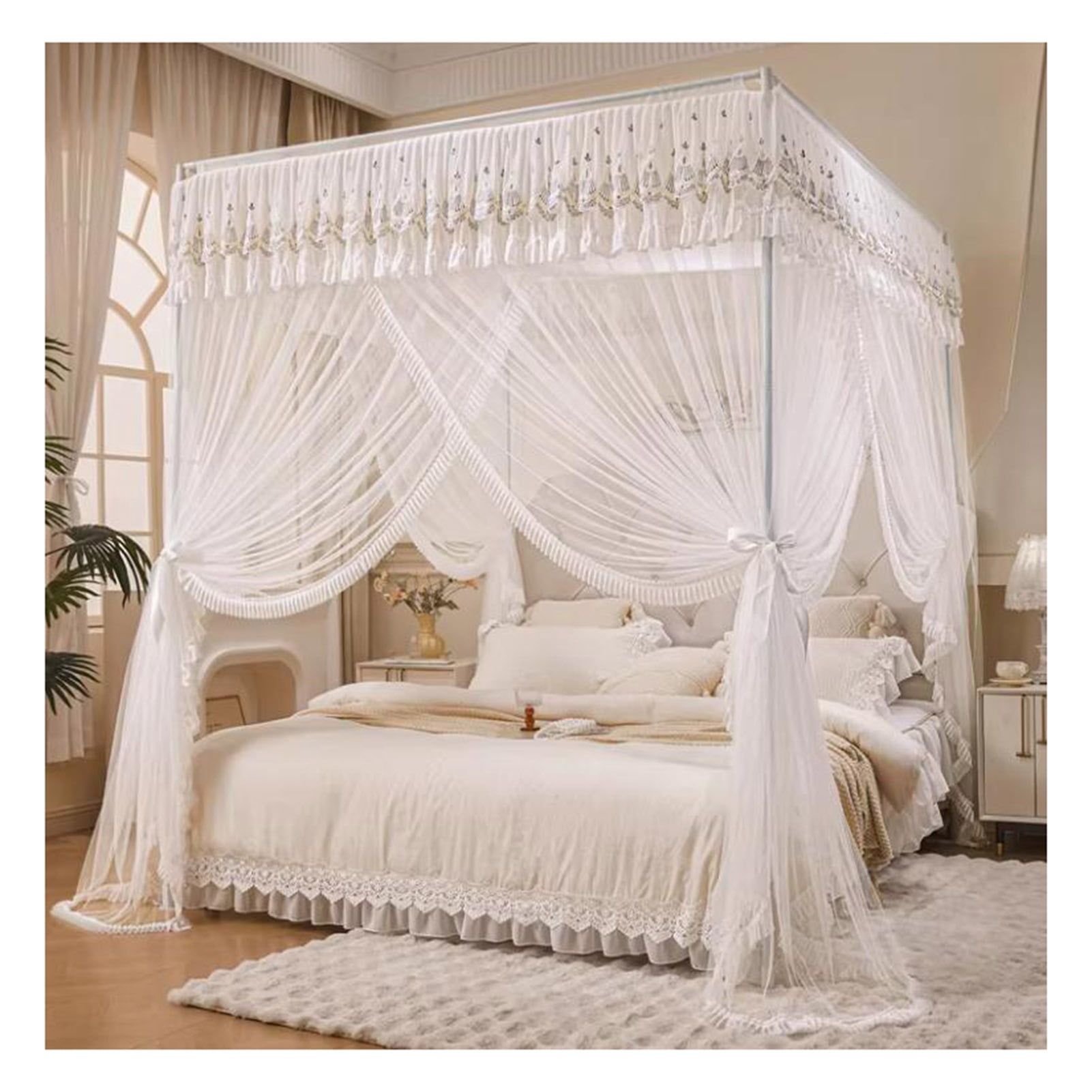 Floor Standing Mosquito Net Bed Canopy,4 Corner Post Three-Door Bed Canopy, Cozy Breathable for Girls Adults Bedroom Decoration