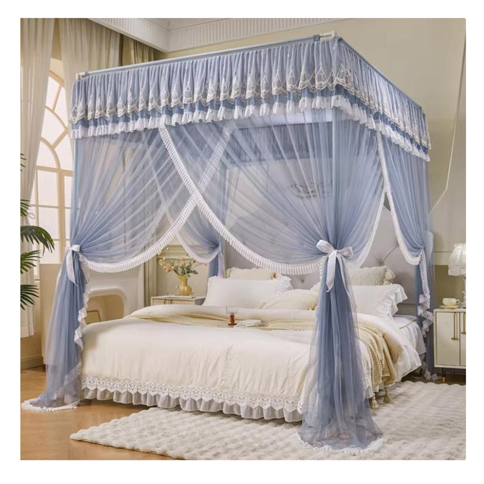 Floor Standing Mosquito Net Bed Canopy,4 Corner Post Three-Door Bed Canopy, Cozy Breathable for Girls Adults Bedroom Decoration