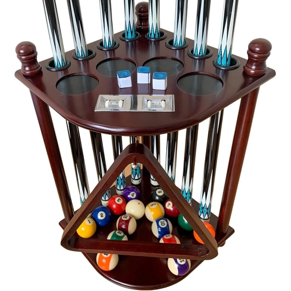 Floor Standing Pool Cue Rack Hold 8 Cue Sticks & Pool Table Accessories, Solid Wood Pool Stick Holder, Corner Pool Cue Holder with Ball Rack Hook & Scorer Counter
