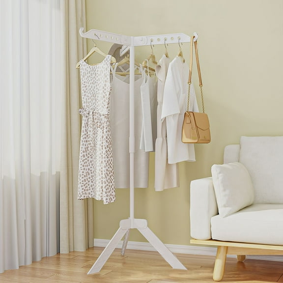 Floor Standing Rotating Foldable Clothes Drying Rack, 360° Rotation One-Button Fold, Triangular Stable Base Metal Frame, Dual-Use Portable, For Bedroom Balcony Hanging Clothes Bags Laundry Drying