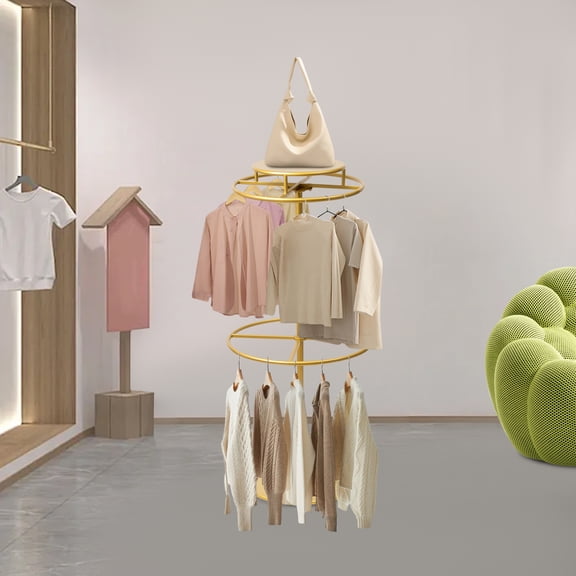 Floor Standing Rotating Rack 50lbs Capacity, 2-Layer Carbon Steel with Gold Finish, 360°Swivel for Dorm & Retail Shop