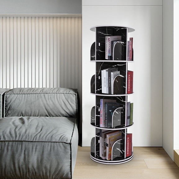 Floor Standing Round Rotating Display Bookshelf 4 Tier Black Marble Revolving Storage Rack Bookcase