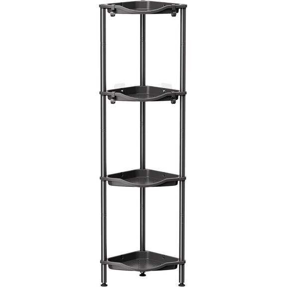 Floor Standing Shower Caddy Corner, 4 Tier Plastic Shower Stand Rack with Adjustable Feet and Hooks, Rustproof Bathroom Shelf Organizer, Black, 34 x 24 x 107 cm/13 x 9.5 x 42 inch