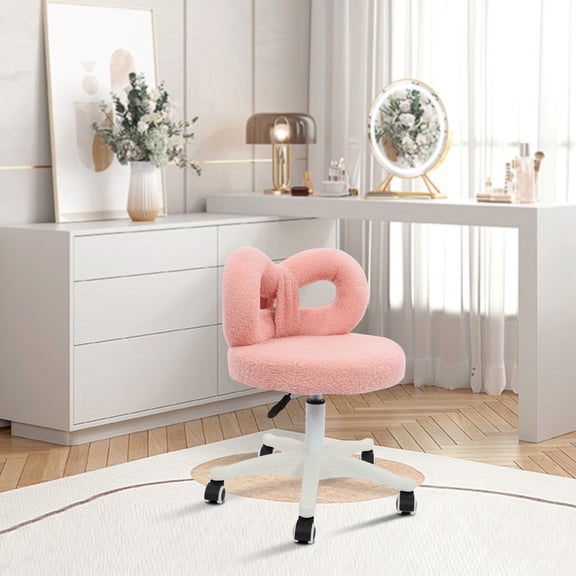 Floor Standing Simple Setup Modern Pink Cute Bow Backrest Roller Make-up Chair for Dressing Rooms