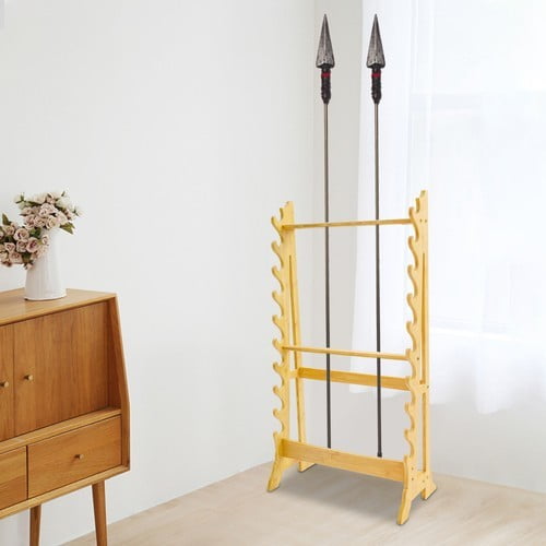 Floor Standing Sword Stand, 10 Tiers 5-Hole Katana and Weapon Display Rack, Natural Wood Bamboo Storage for Swords, 66lbs Capacity with Locking Pegs