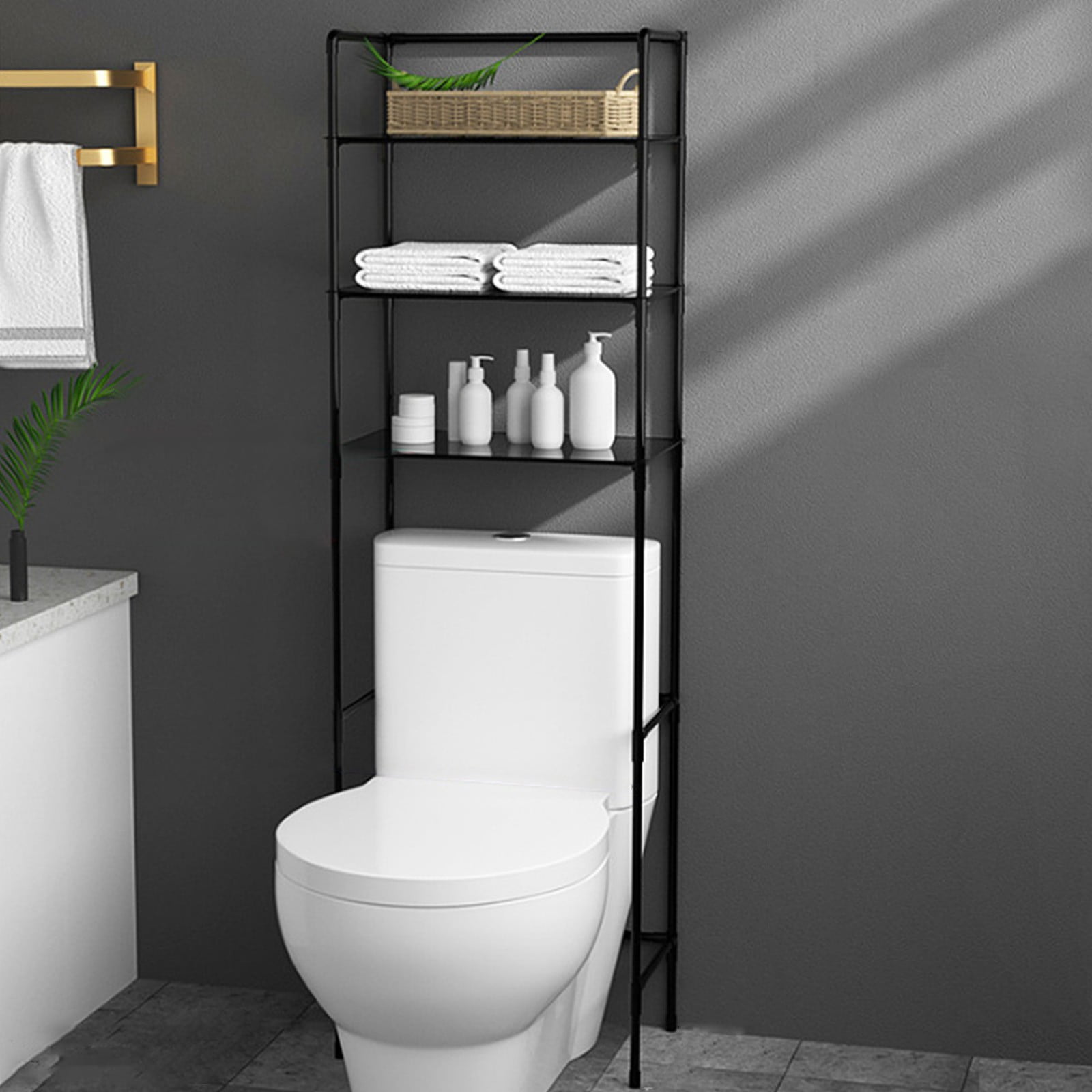 Floor Standing Over Toilet Storage Shelf, Tall Bathroom Organizer Rack for Toiletries & Towels, Above Toilet Shelf with 3 Tiers, Plastic Laundry Shelf, 1-Piece