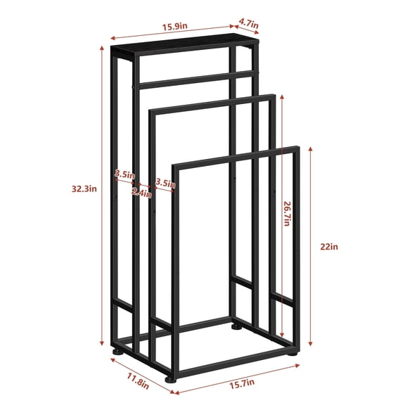 Floor-Standing Towel Rack with black Wooden Top – Textured Black Iron Frame (Includes 2 Anti-Tip Straps)