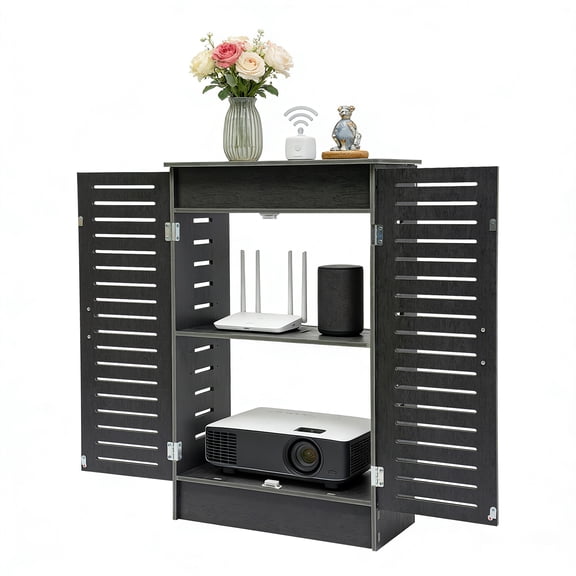 Floor Standing WiFi Router Storage Cabinet, Ventilated Shutter Door Modem Organizer with Open Shelves & Cable Management, 19.7x9.8x11.8 in, White/Gray/Walnut