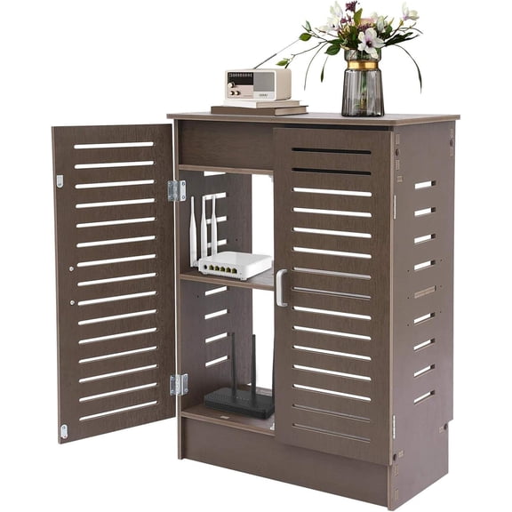 Floor Standing WiFi Router Storage Cabinet with Adjustable Shelf, Walnut Finish, Freestanding Cable Management Box