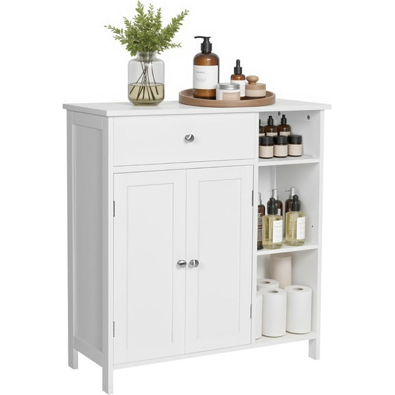 Floor Storage Cabinet with Drawer, Freestanding Cabinet with Doors, 3 Open Compartments, Adjustable Shelves, 11.8 x 29.5 x 31.5 Inches, for Bathroom, Living Room, Cloud White UBBC142W01