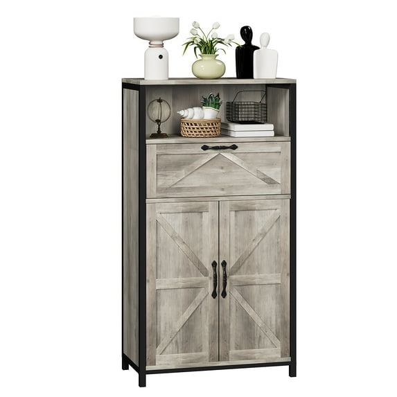 Floor Storage Cabinet, Industrial Floor Cabinet with Barn Door and Drawer for Living Room, Kitchen