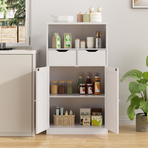 Floor Storage Cabinet, Organizer with Doors and Drawers, Freestanding Side Cupboard Pantry with Adjustable Shelf for Bathroom/Living Room(White)