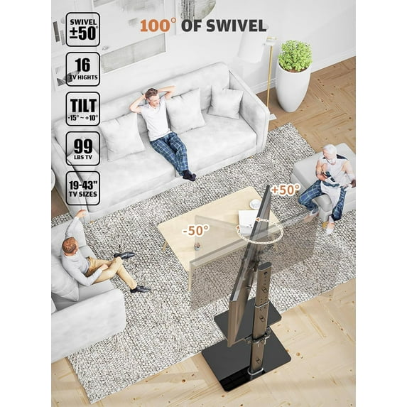 Floor TV Stand with Mount for 19 to 43 inch Flat Screen TV, 100 Degree Swivel, Adjustable Height and Tilt Function, 2 Shelves Space Saving Standing TV Mount for Bedroom Living Room Corner