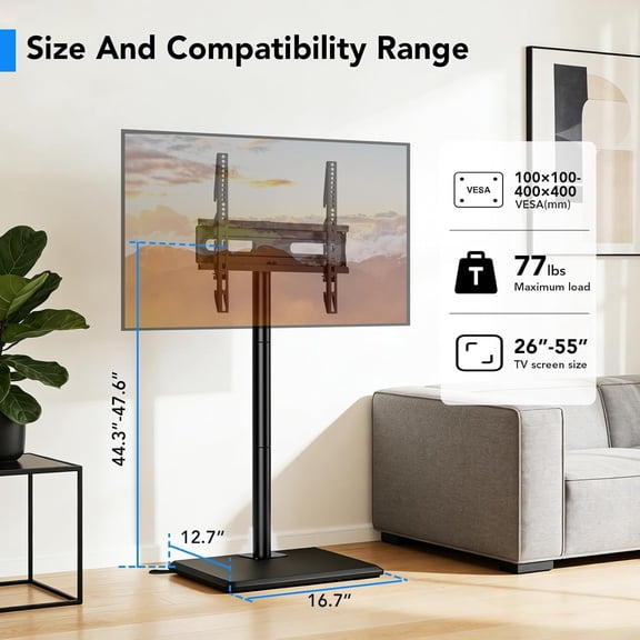 Floor TV Stand with Mount for 26-55 inch TVs  to 77 lbs, Height Adjustable Swivel Tilt TV Stand with Wood Base, Saving Space Design for Bedroom, Living Room and Corner, Black