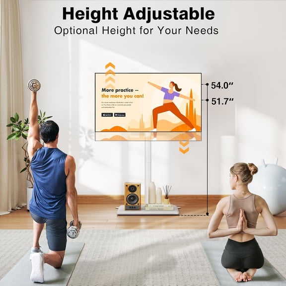 Floor TV Stand with Mount for Most 32-60 Inch TVs  to 88lbs, Height Adjustable TV Floor Stand with Wood Base for Space Saving, Tall Floor TV Stand for Bedroom, Corner & Living Room, White