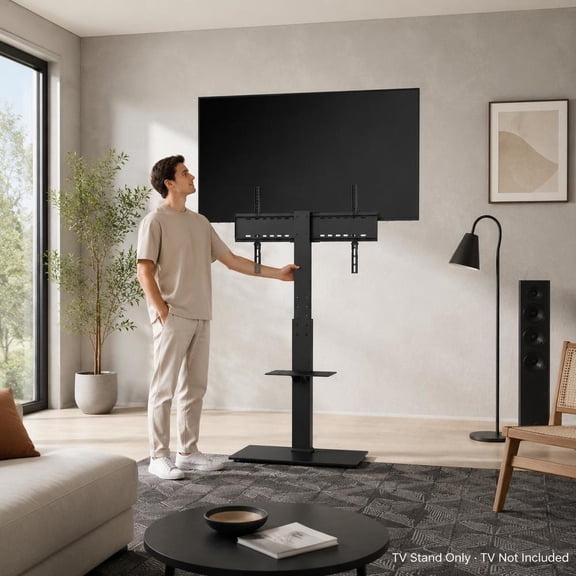 Floor Tv Stand, swivel tall mount, height adjustable, tempered glass base, compatible with 32 to 85 inch tvs, suitable for bedroom and living room