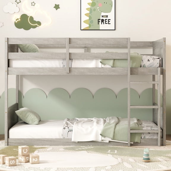 Floor Twin Bunk Bed with Panelled Headboard and Footboard, Twin over Twin Solid Rubber Wood Bunk Foundation with Safety Guardrails, Built-in ladder, Antique White
