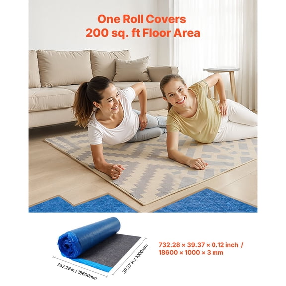 Floor Underlayment 400 sq. ft,3mm Laminate Flooring Padding with Attached Vapor Barrier,Heavy Duty Fiber+PE Film,Soundproofing&Noise Reduction for Vinyl&Wood(2 Rollsx200 sq. ft)