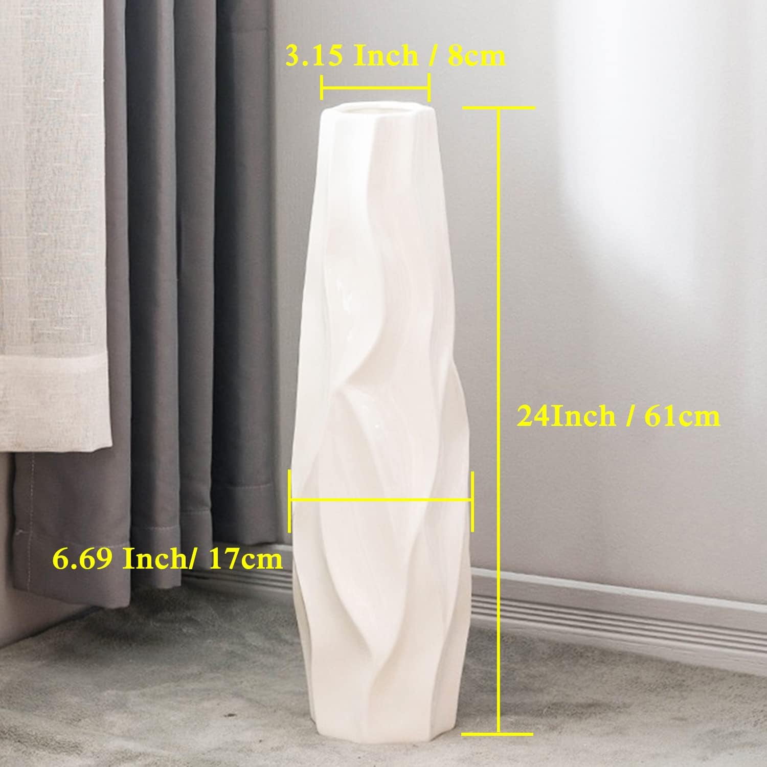 Floor Vase,  24 Inches Tall Ceramic White Large Decorative Vases for Modern Home Decor, Living Room, Minimalist Style Flower Vase for Pampas Grass, Flowers, Twigs, Office, Bedroom Décor