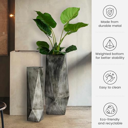 Set Of 2 Geometric Metal Floor Vases - Antique Silver, Large & Small Size For Dried Flowers, Industrial Decor