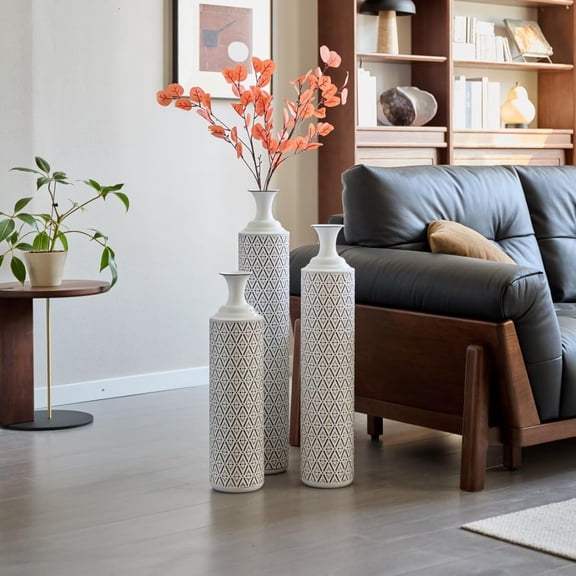 Floor Vases Home Decor Large Tall Set of 3, White Black Floral Standing Vase Extra Large Decorative Big Metal Vases for Dining Room, Corner, Bedroom, Hallway for Entryway, Fireplace, Corner Decor
