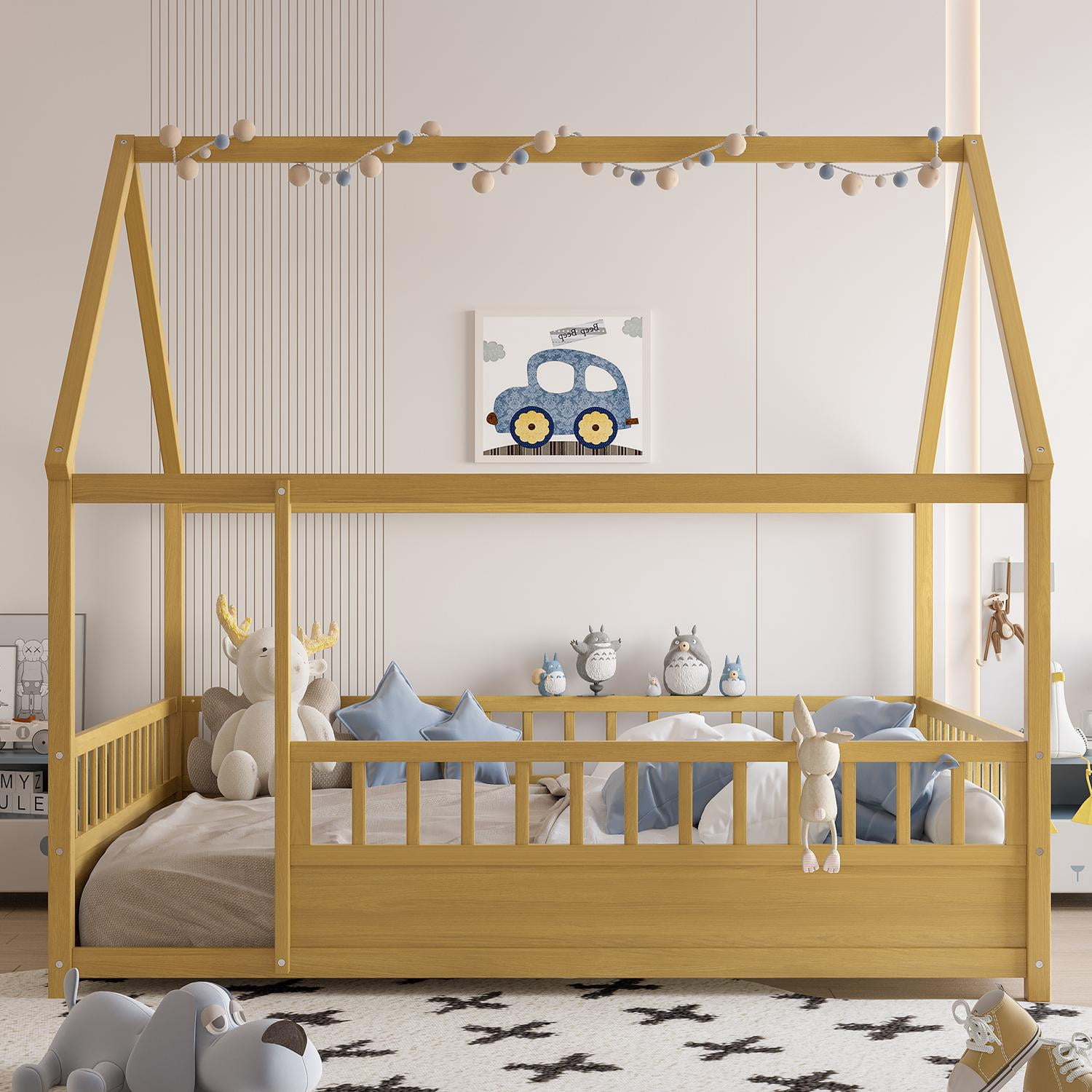 Floor Wooden Bed with House Roof Frame, Full Size Fence Guardrail Bed for Kids, Natural Pine Wood Children's Bedroom Furniture, 20-Inch High Fence with Roof Structure