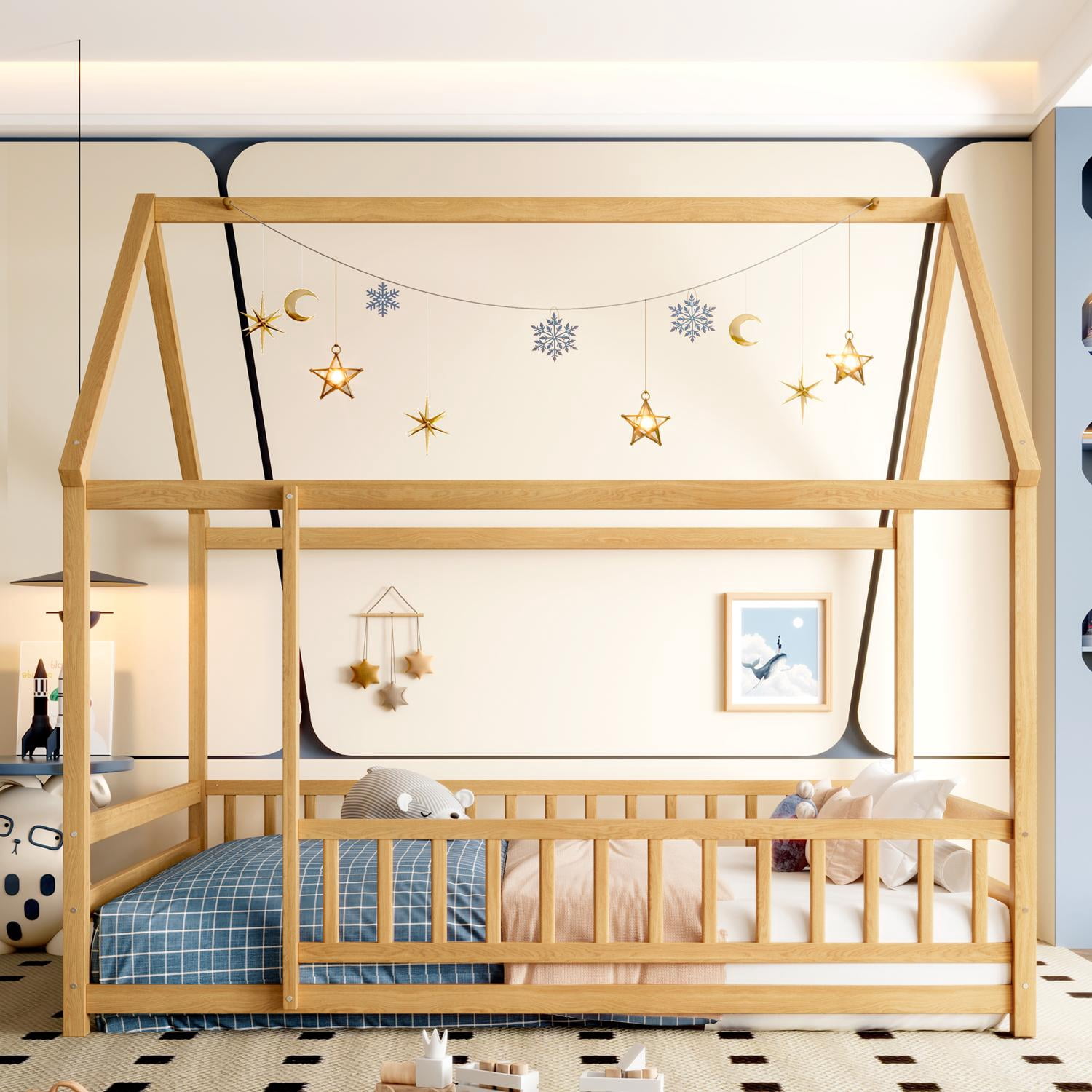 Floor Wooden Bed with House Roof Frame, Full Size Fence Guardrail Bed for Kids, Natural Pine Wood Children's Bedroom Furniture, Roof Design for DIY Decoration and Mosquito Net