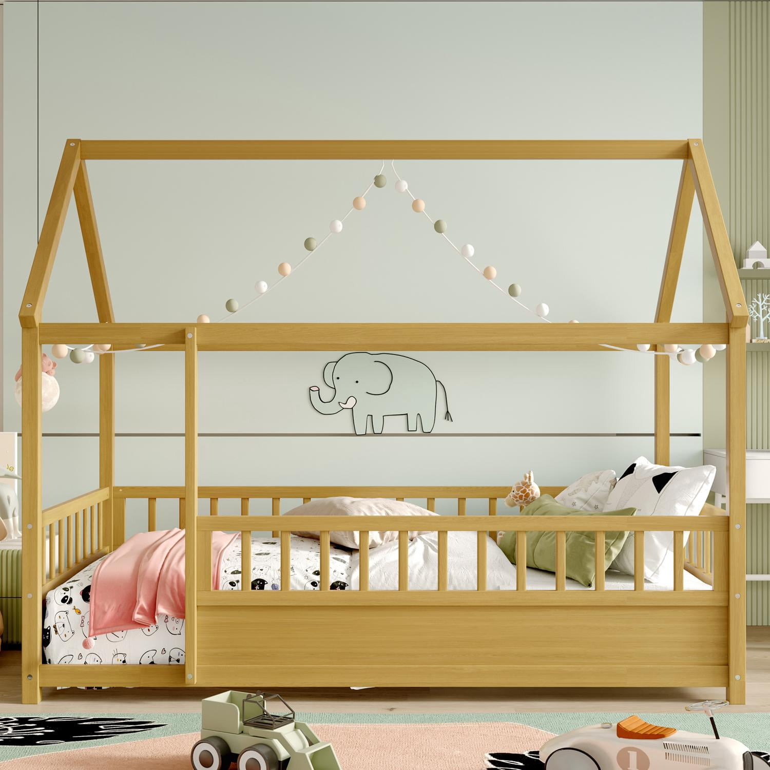 Floor Wooden Bed with House Roof Frame, Twin Size Fence Guardrail Bed for Kids, Natural Pine Wood Children's Bedroom Furniture, 20-Inch High Fence with Roof Structure