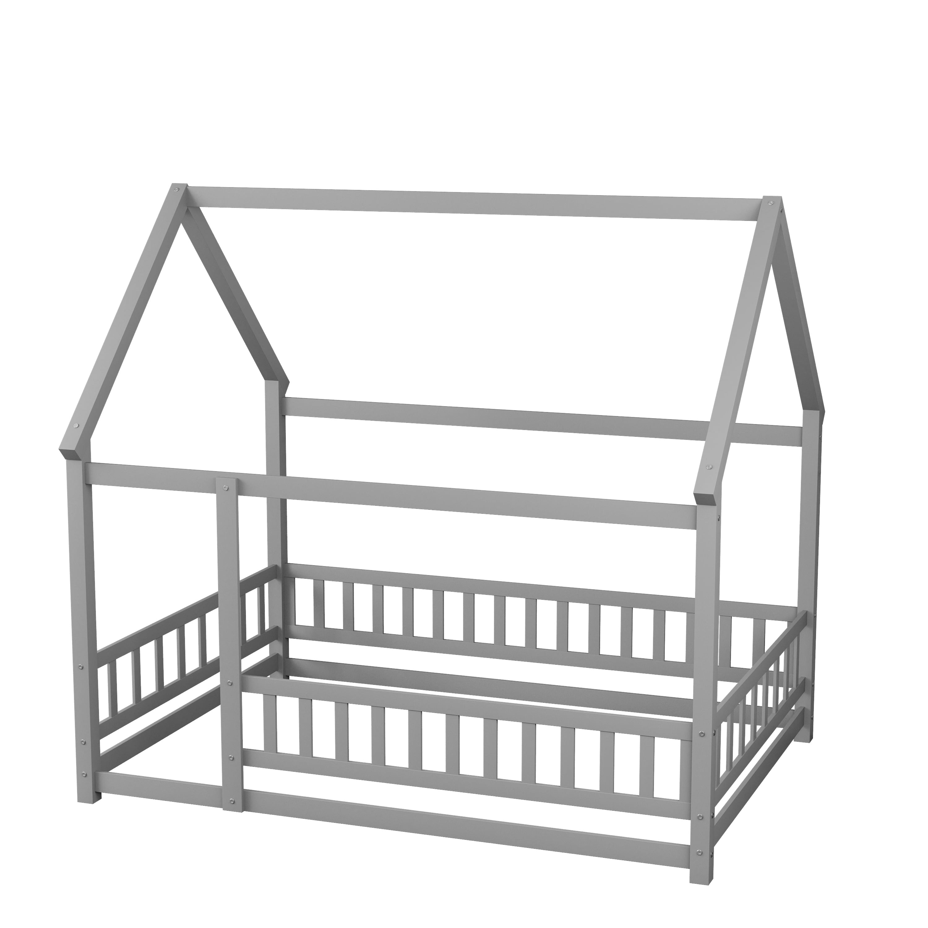 Grey Pine Full Size Wooden House Frame Floor Bed