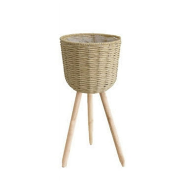 Floor Woven Storage Basket with Wooden Legs Plant Pot Stand Flowerpot Planter
