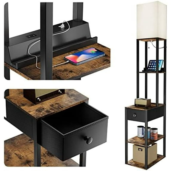 Floor lamp with 2 USB, 1 Outlet and Drawer, 3 Color Temperatures LED Bulb (9W), Sofa lamp with White lampshade, Display Floor lamp with Shelves for Living Room, Bedroom and Office - Brown