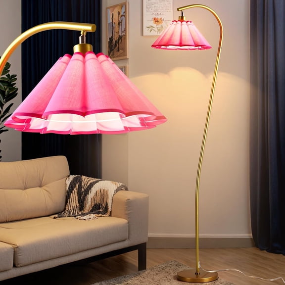 Floor lamp with pleated linen shade, modern floral floor lamp, arc-shaped standing lamp, suitable for living room, bedroom, office, dining room, includes bulbs (gold + pink, 66.1 inches)