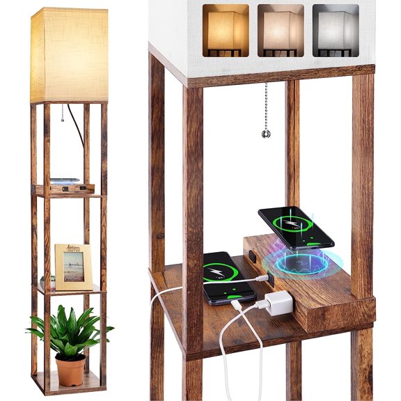 Floor lamp with shelf, floor lamp with wireless charger and + port and 2 sockets, 3 color temperature corner high vertical floor lamp, suitable for living room, bedroom, office (brown)