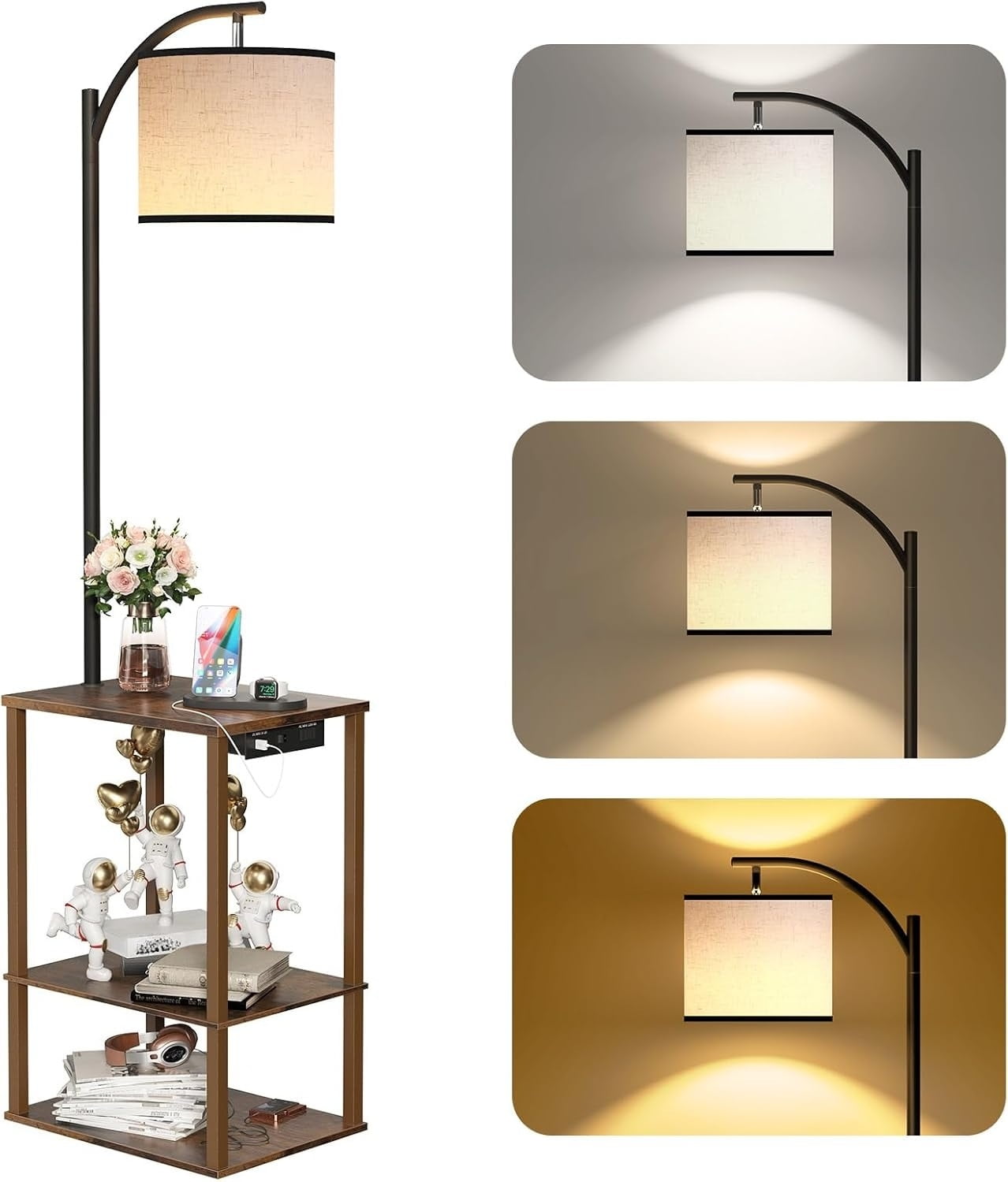 Floor lamp with table, living room side table with lamp, shelf side table with charging station