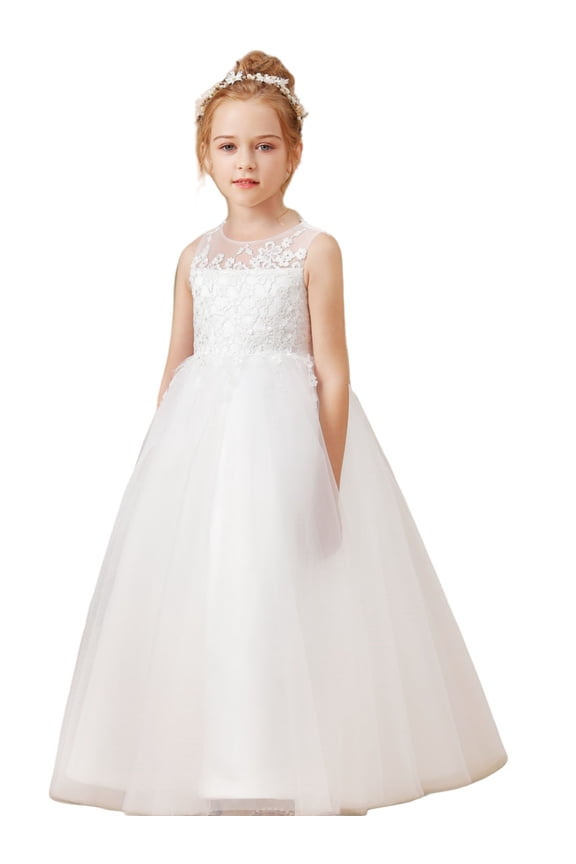 Floor length Flower Girl Dress with Detachable Beaded Waistband Scoop Neck Tulle Lace Princess Pageant Dress Birthday Party Dress for Girls Elegant Floral Design Special Occasion 4 -5 Years