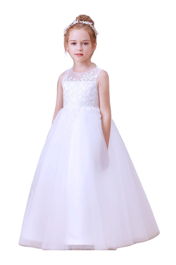 Floor length Flower Girl Dress with Detachable Beaded Waistband Scoop Neck Tulle Lace Princess Pageant Dress Birthday Party Dress for Girls Elegant Floral Design Special Occasion white 6 -7 Years