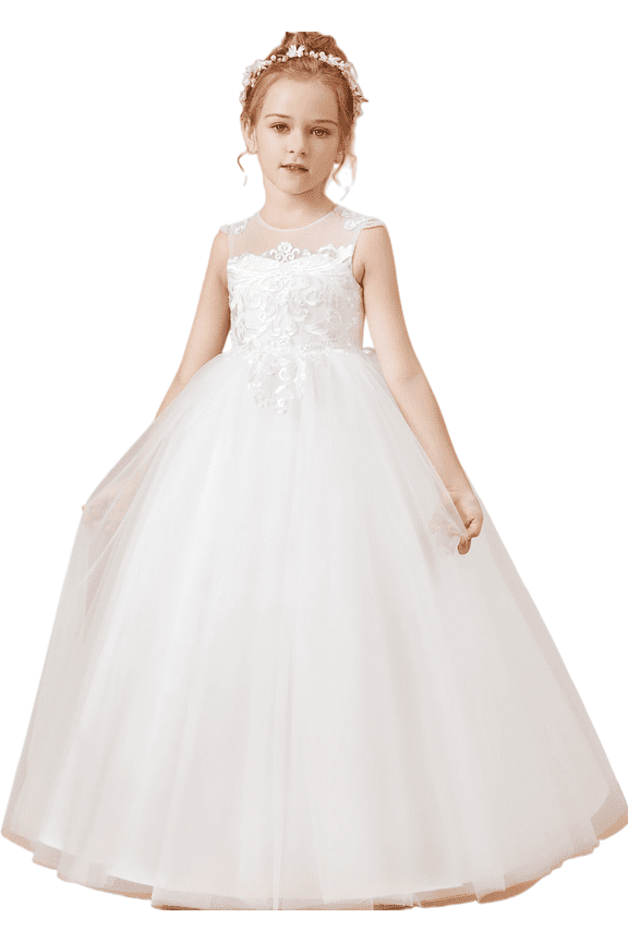 Floor length Flower Girl Dress Scoop Neck Tulle Applique Princess Pageant Dress Birthday Party Dress for Girls Elegant Floral Design Special Occasion 2 -3Years