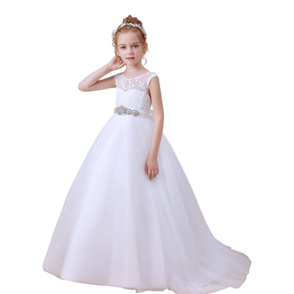 Floor length Flower Girl Dress Scoop Neck Tulle Applique Princess Pageant Dress Birthday Party Dress for Girls Elegant Floral Design Special Occasion White 2 -3Years