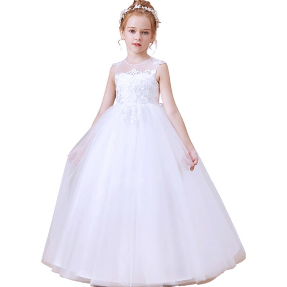 Floor length Flower Girl Dress Scoop Neck Tulle Applique Princess Pageant Dress Birthday Party Dress for Girls Elegant Floral Design Special OccasionWhite 12 -13 Years