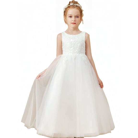 Floor length Flower Girl Dress Scoop Neck Tulle Lace Princess Pageant Dress Birthday Party Dress for Girls Elegant Floral Design Special Occasion( 12 -13 Years）