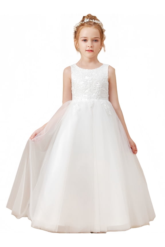 Floor length Flower Girl Dress Scoop Neck Tulle Lace Princess Pageant Dress Birthday Party Dress for Girls Elegant Floral Design Special Occasion( 12 -13 Years）