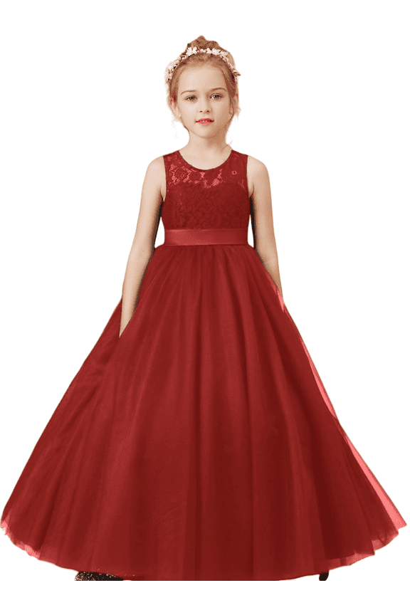 Floor length Flower Girl Dress Scoop Neck Tulle Lace Princess Pageant Dress Birthday Party Dress for Girls Elegant Floral Design Special Occasion (Burgundy 14 -15Years)