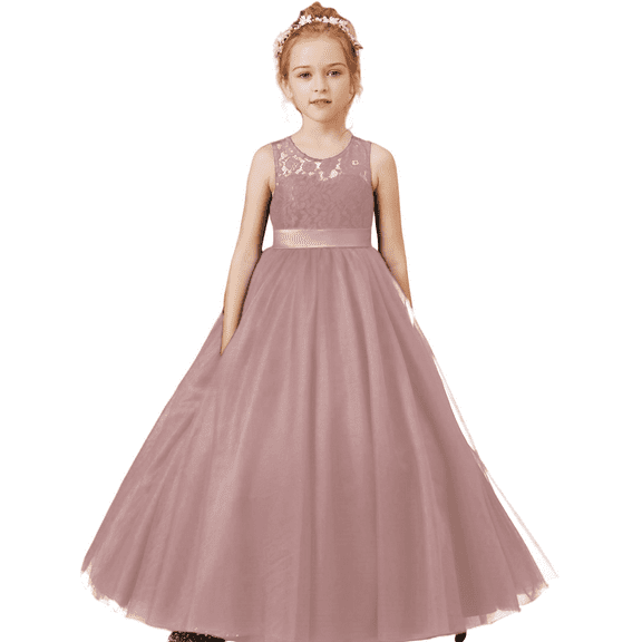 Floor length Flower Girl Dress Scoop Neck Tulle Lace Princess Pageant Dress Birthday Party Dress for Girls Elegant Floral Design Special Occasion (Dusty rose 14 -15Years）